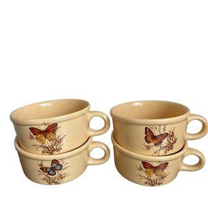 Vintage Treasure Craft 70's Kitschy Butterfly Soup Mugs Yellow Speckled 4 Mugs